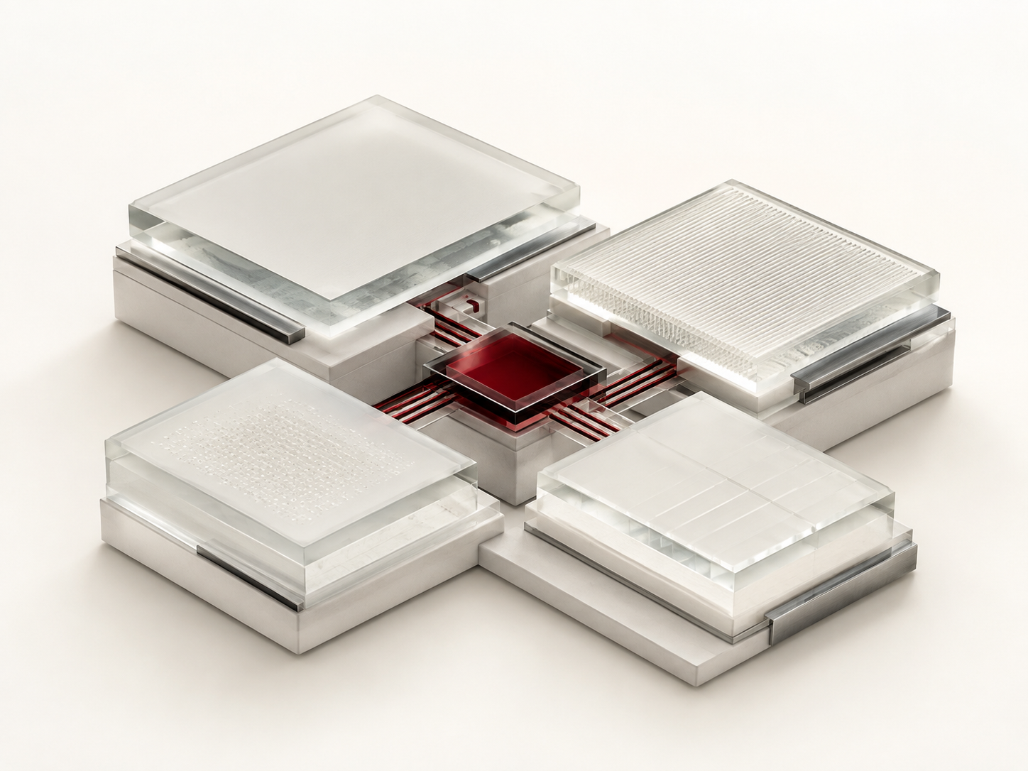Konzeptabbildung: modulare Glas- und Softwarebausteine mit dunkelrotem Kern und feinen Verbindungen.
