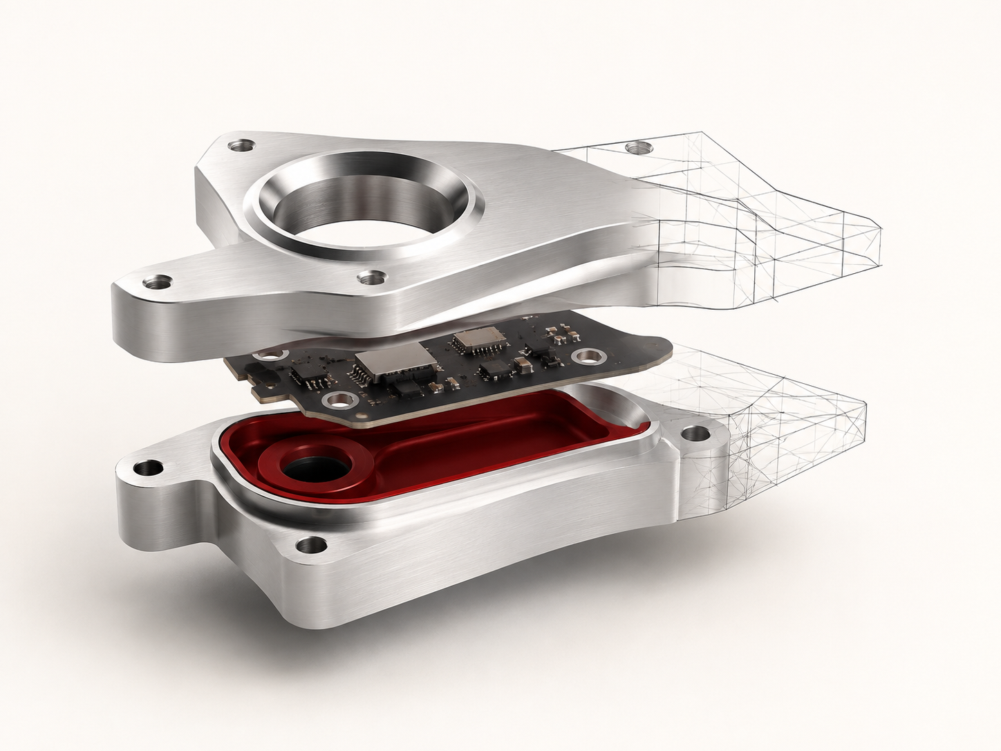 Konzeptabbildung: präziser Aluminiumkörper mit rotem Einsatz, Elektronik und konstruktiven Linien.